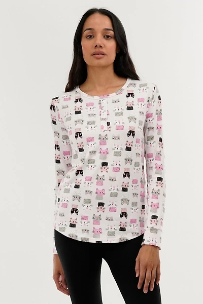 Canada Weather Gear Cat Print Henley Pajama Top - Blush