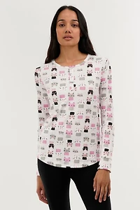 Canada Weather Gear Cat Print Henley Pajama Top - Blush