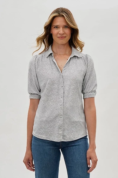 Beechers Brook Patterned Puff Sleeve Button Down Blouse