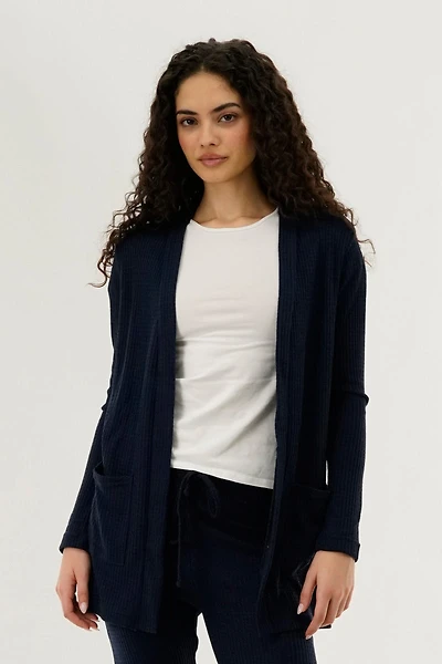 Waffle Knit Open Cardigan - Navy