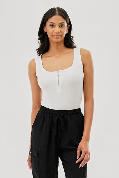 Ribbed Quarter Zip Tank Top - White
