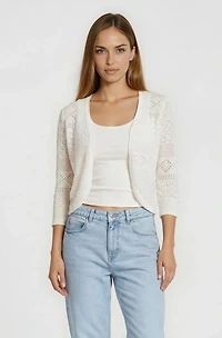 3/4 Sleeve Open Knit Shrug - White