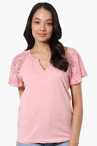 Lace Cap Sleeve V-Neck Tee - Pink