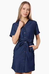 Impress Denim Button Down Short Sleeve Day Dress - Navy