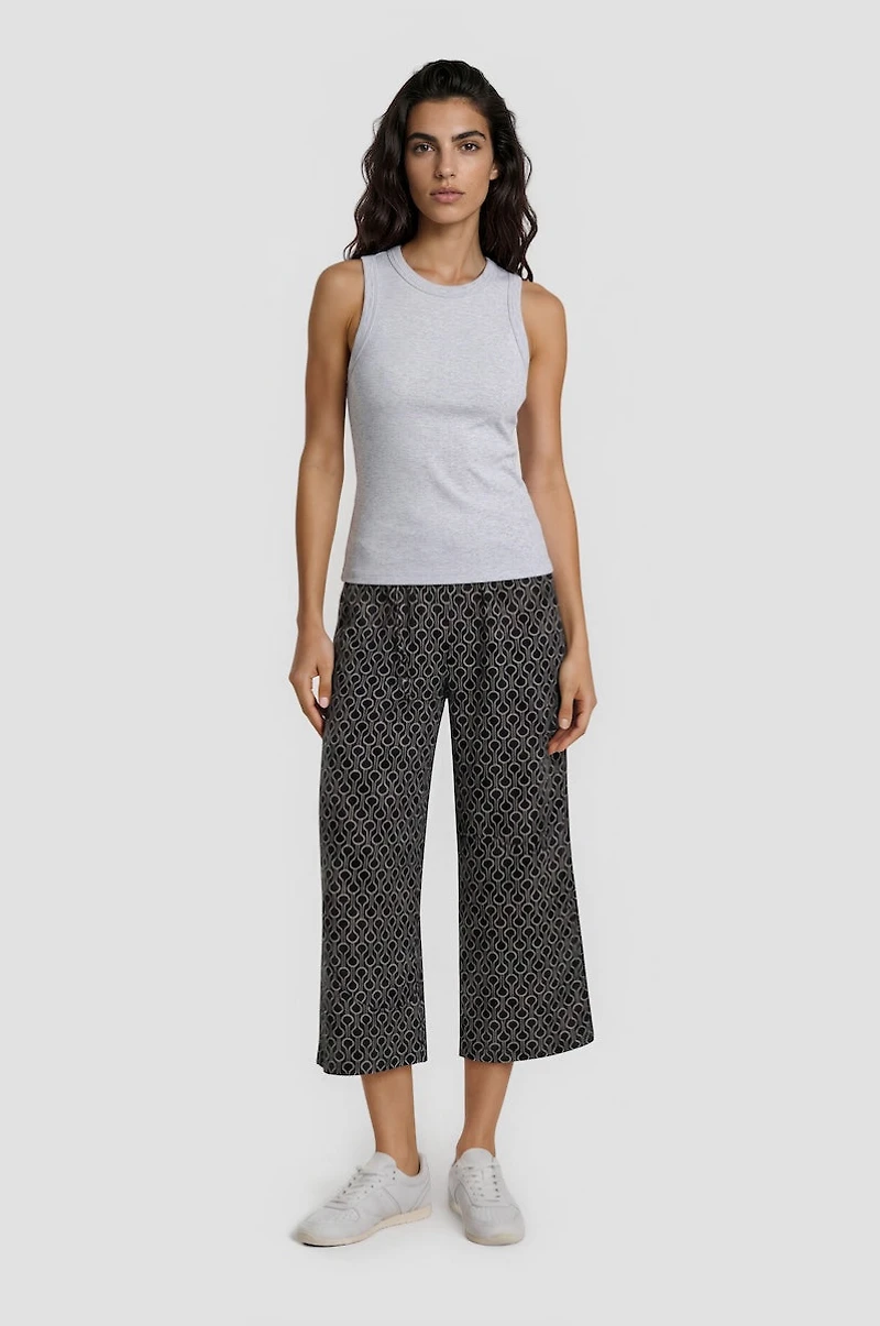 Printed Fold Over Cropped Pants - Black