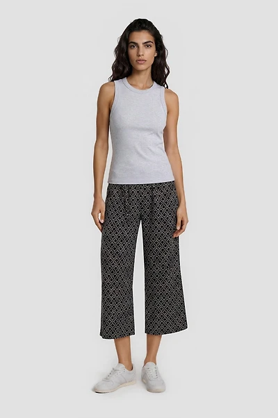 Printed Fold Over Cropped Pants - Black