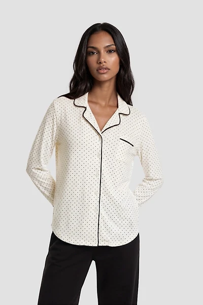 Polkadot Long Sleeve Button Down Pajama Top - White