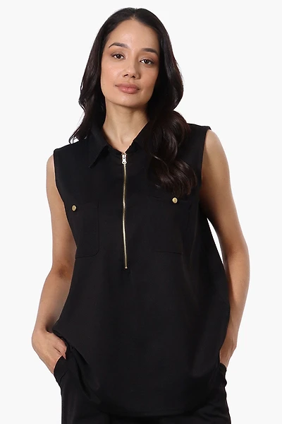Costa Blanca Half Zip Sleeveless Blouse - Black