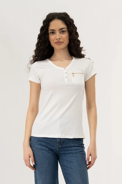 Henley With Zipper Tee - White