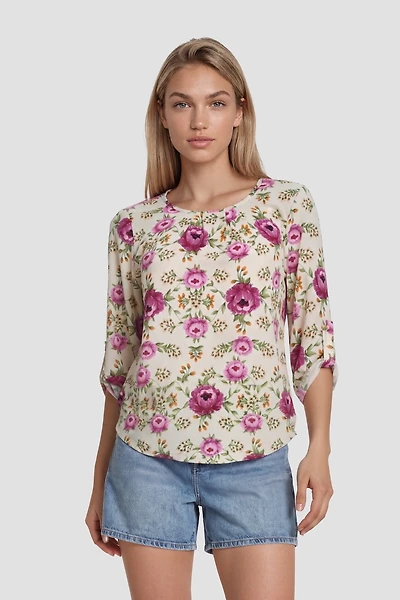 Rolled-Up Sleeve Round Neck Shirt - White