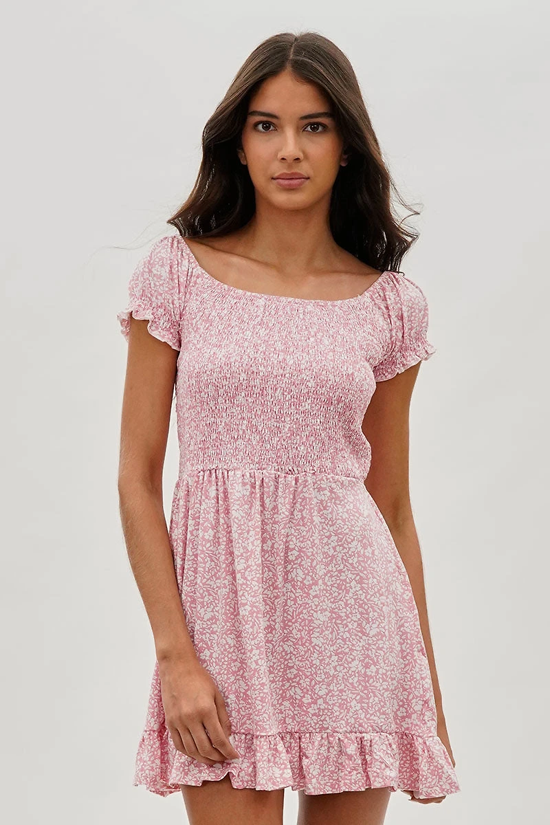 Costa Blanca Floral Smocked Short Sleeve Day Dress - Pink