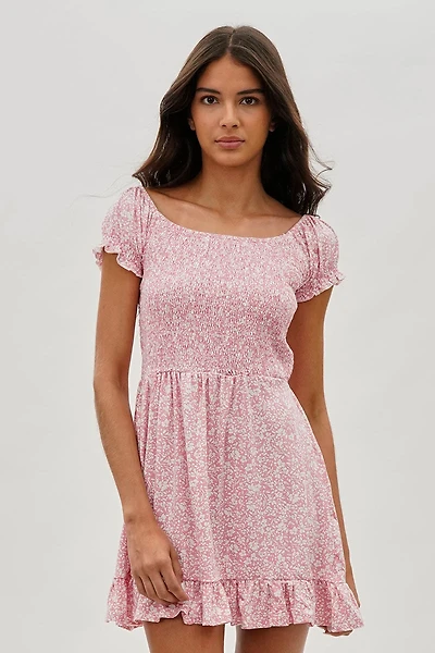 Costa Blanca Floral Smocked Short Sleeve Day Dress - Pink