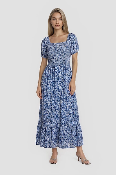 Bubble Sleeve Square Neck Maxi Dress - Blue