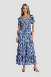 Bubble Sleeve Square Neck Maxi Dress - Blue