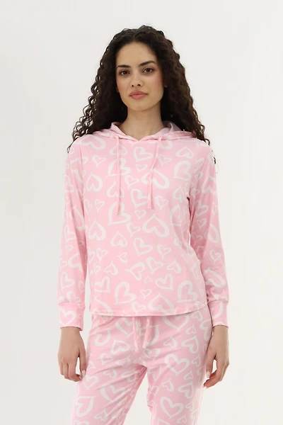Printed Hooded Pajama Top - Pink