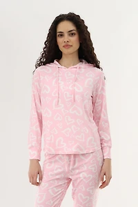 Printed Hooded Pajama Top - Pink