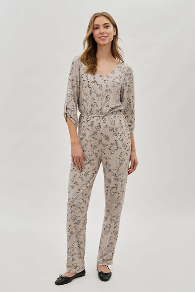 International INC Company Floral Print Half Zip Jumpsuit - Beige