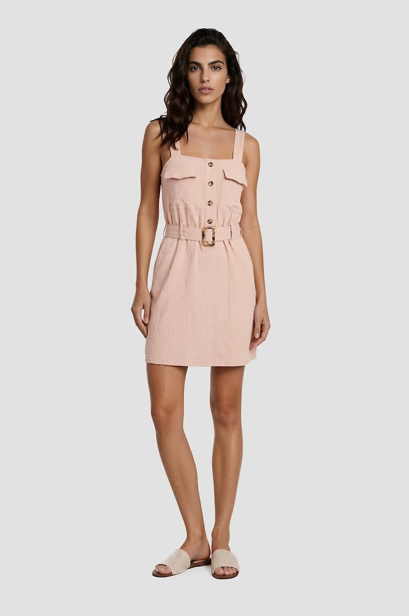 Thin Strap Belted Dress - Peach