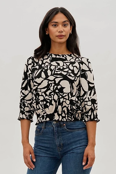 Runaway Bay Printed Smocked Hem Blouse - Black