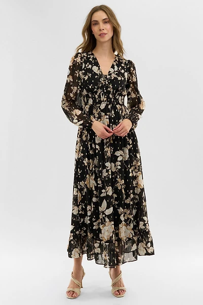 Costa Blanca Floral Long Sleeve Chiffon Maxi Dress