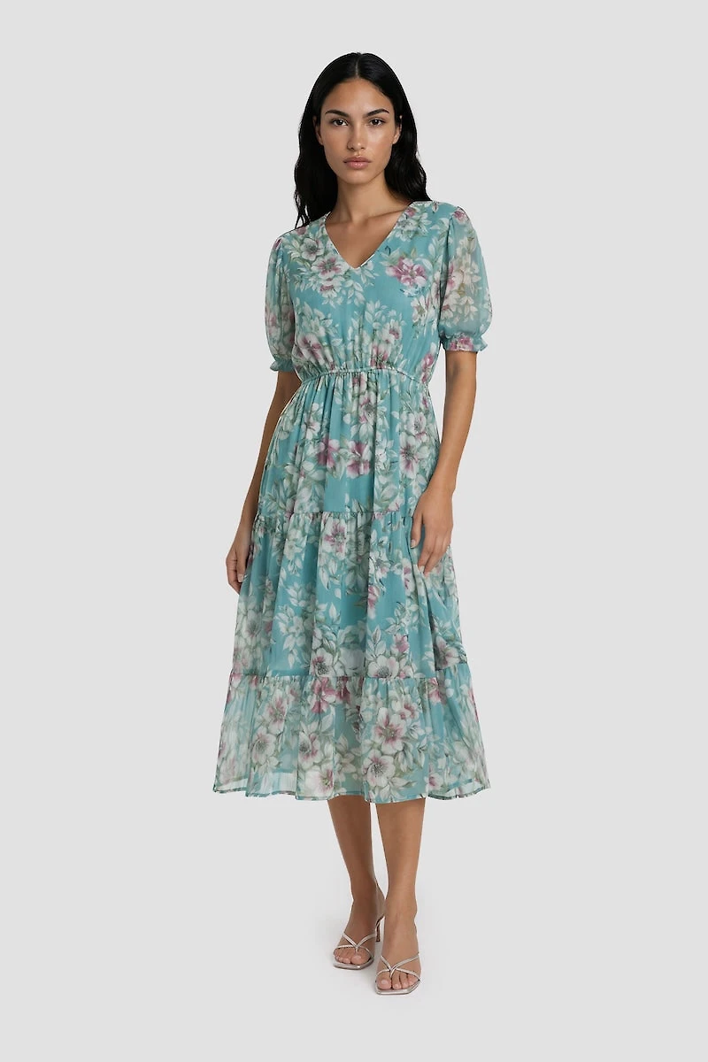 V Neck Flower Print Midi Dress - Teal