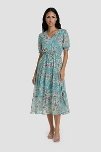 V Neck Flower Print Midi Dress - Teal