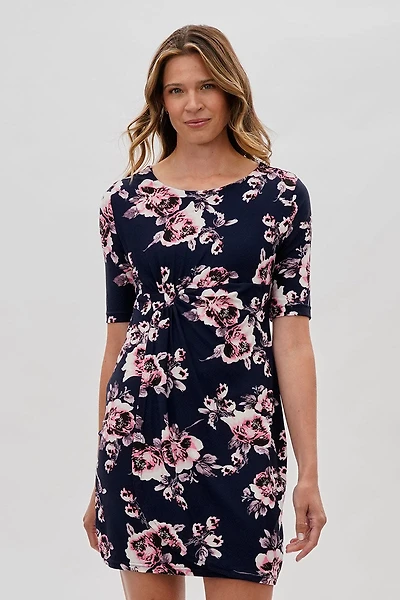 International INC Company Floral Short Sleeve Day Dress - Navy