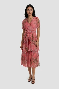 Tiered Chiffon Wrap Dress
