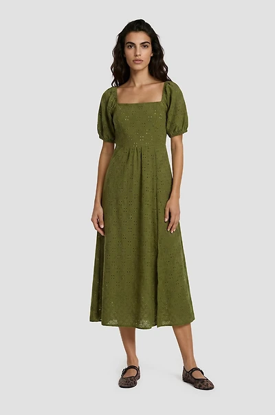 Puff Sleeve Smock Midi Dress