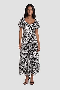 Bubble Sleeve Flower Print Day Dress - White