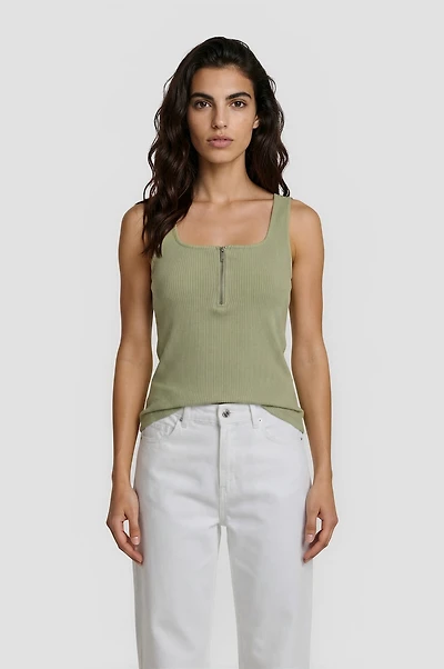 Half Zip Square Neck Tank Top - Green