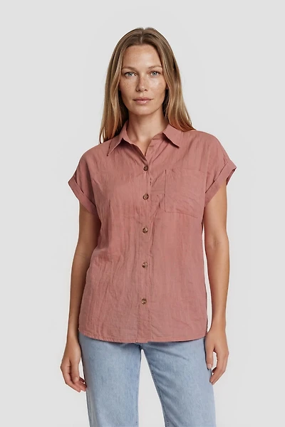 Cap Sleeve Button Up Shirt - Pink
