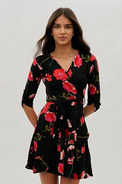 International INC Company Belted Floral Day Dress - Black