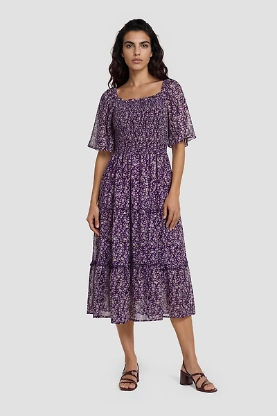 Square Neck Tiered Midi Dress - Purple