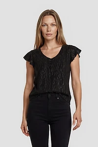 V Neck Frill Sleeve Top - Black