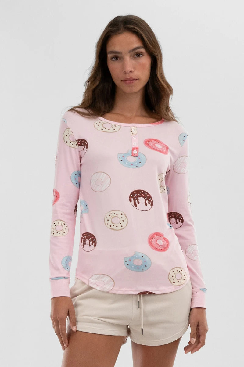 Canada Weather Gear Doughnut Print Henley Pajama Top - Pink