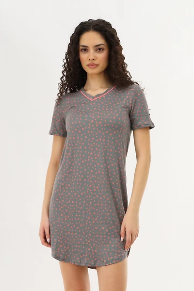 Heart Print Tunic Pajama Top - Grey