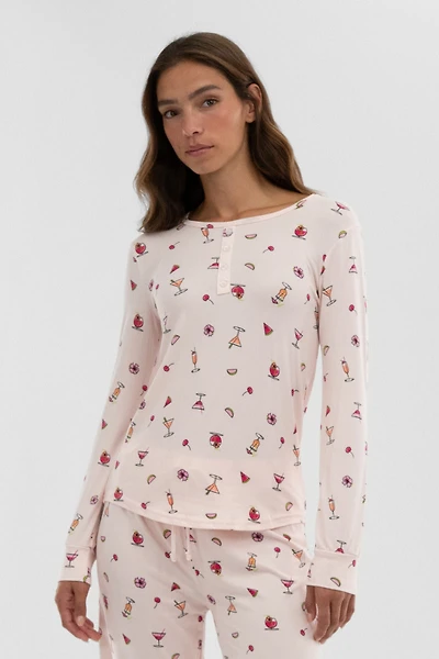 Canada Weather Gear Drink Print Henley Pajama Top - Blush