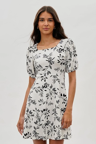 Costa Blanca Leaf Print Square Neck Day Dress - White