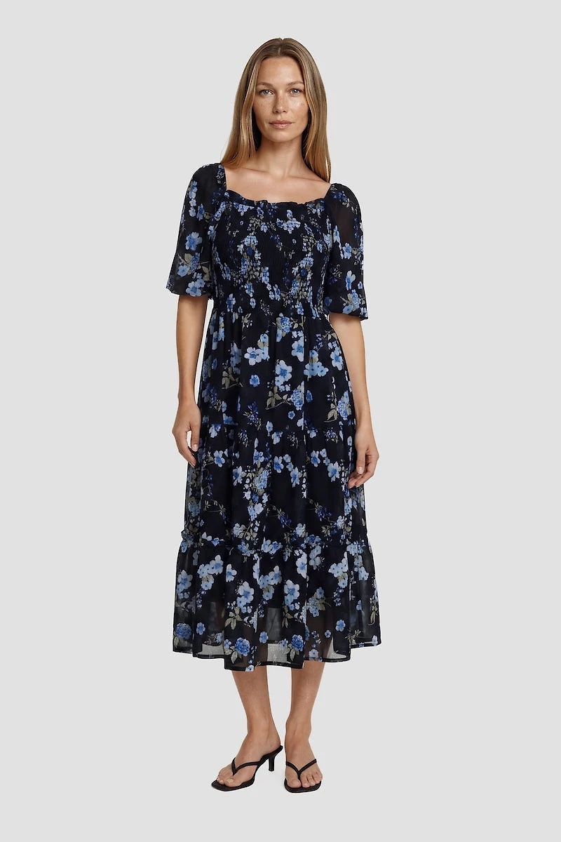 Square Neck Tiered Midi Dress