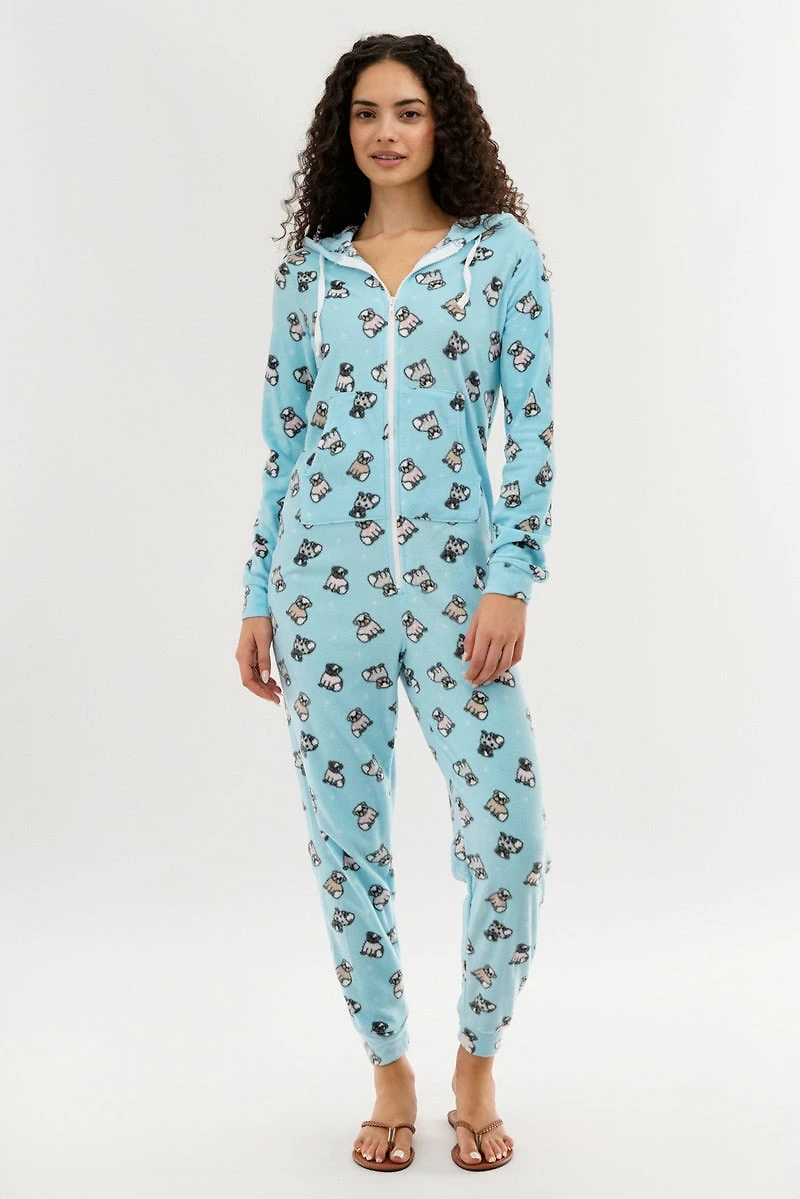 Canada Weather Gear Pug Print Fleece Onesie - Aqua
