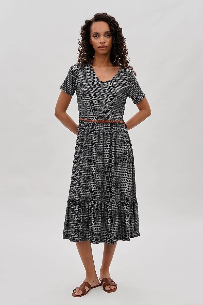 International INC Company Belted Short Sleeve Midi Dress - Black