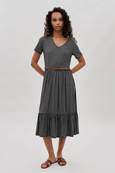 International INC Company Belted Short Sleeve Midi Dress - Black