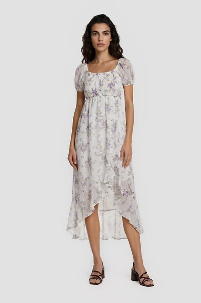 Puff Sleeve Printed Chiffon Dress - Lavender