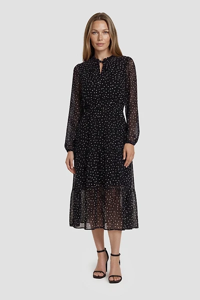 Long Sleeve Tie Up Neckline Midi Dress