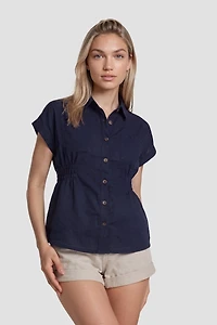 Cinched Waist Button Up Shirt - Navy