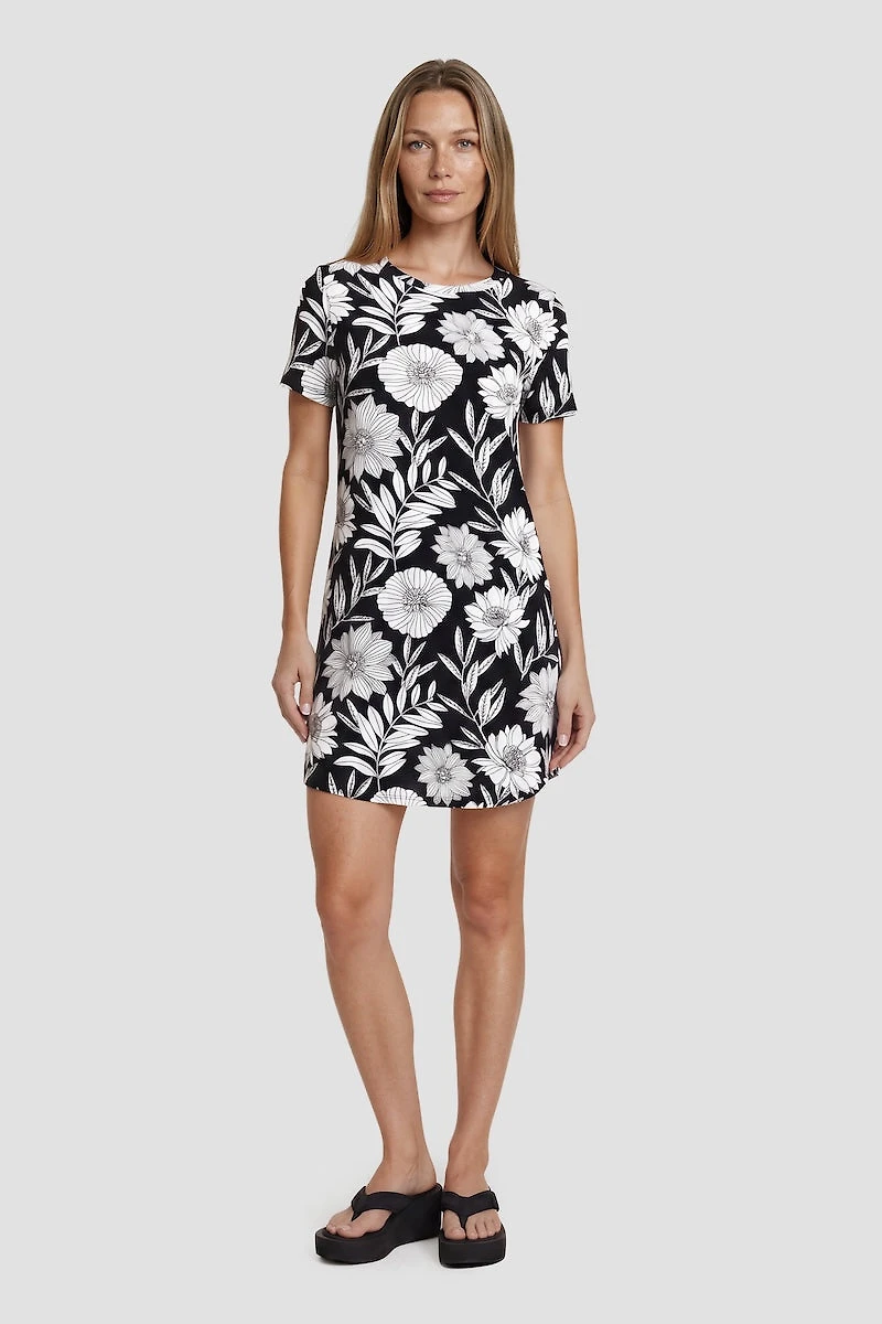 Short Sleeve Flower Print Day Dress - Black