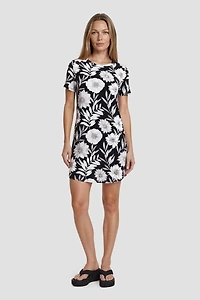 Short Sleeve Flower Print Day Dress - Black