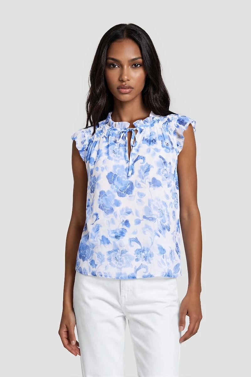 Ruffle Neck Cap Sleeve Shirt