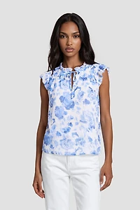 Ruffle Neck Cap Sleeve Shirt